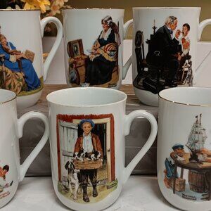 Vintage Set of 6 Norman Rockwell Collectible Mugs - Circa 1980's